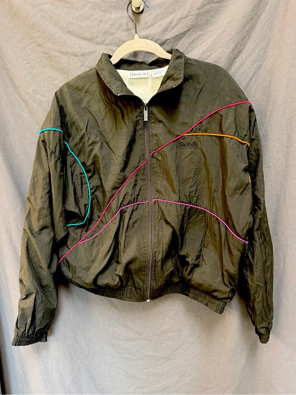 Vintage Reebok 90s Black Neon Piping Windbreaker Jacket L